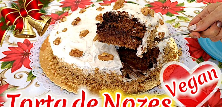 Torta de Nozes Vegana Com Cobertura de Chocolate e Chantilly de Leite de Nozes e Recheio de Passas